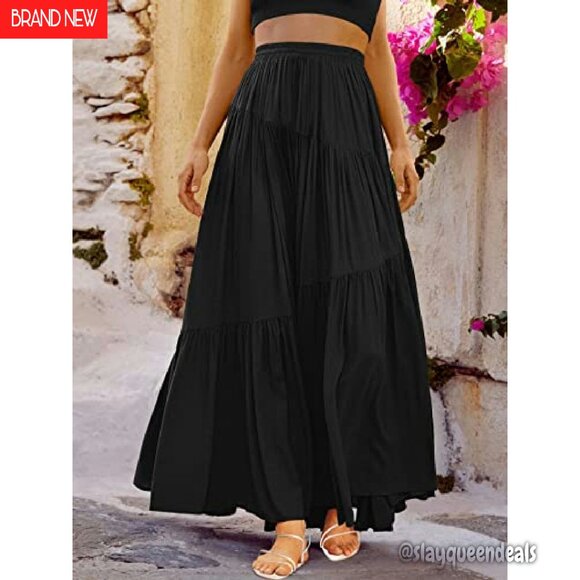 Boho Elastic Waist Pleated A-Line Maxi Skirt with Pockets - Picture 3 of 8
